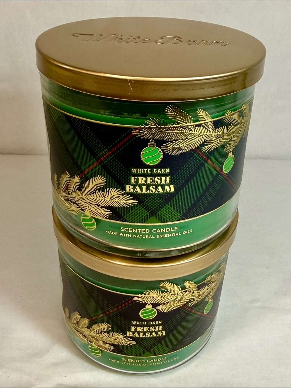 2  FRESH BALSAM 3 Wick Candles Essential Oils White Barn B&BW Bundle New Boxed